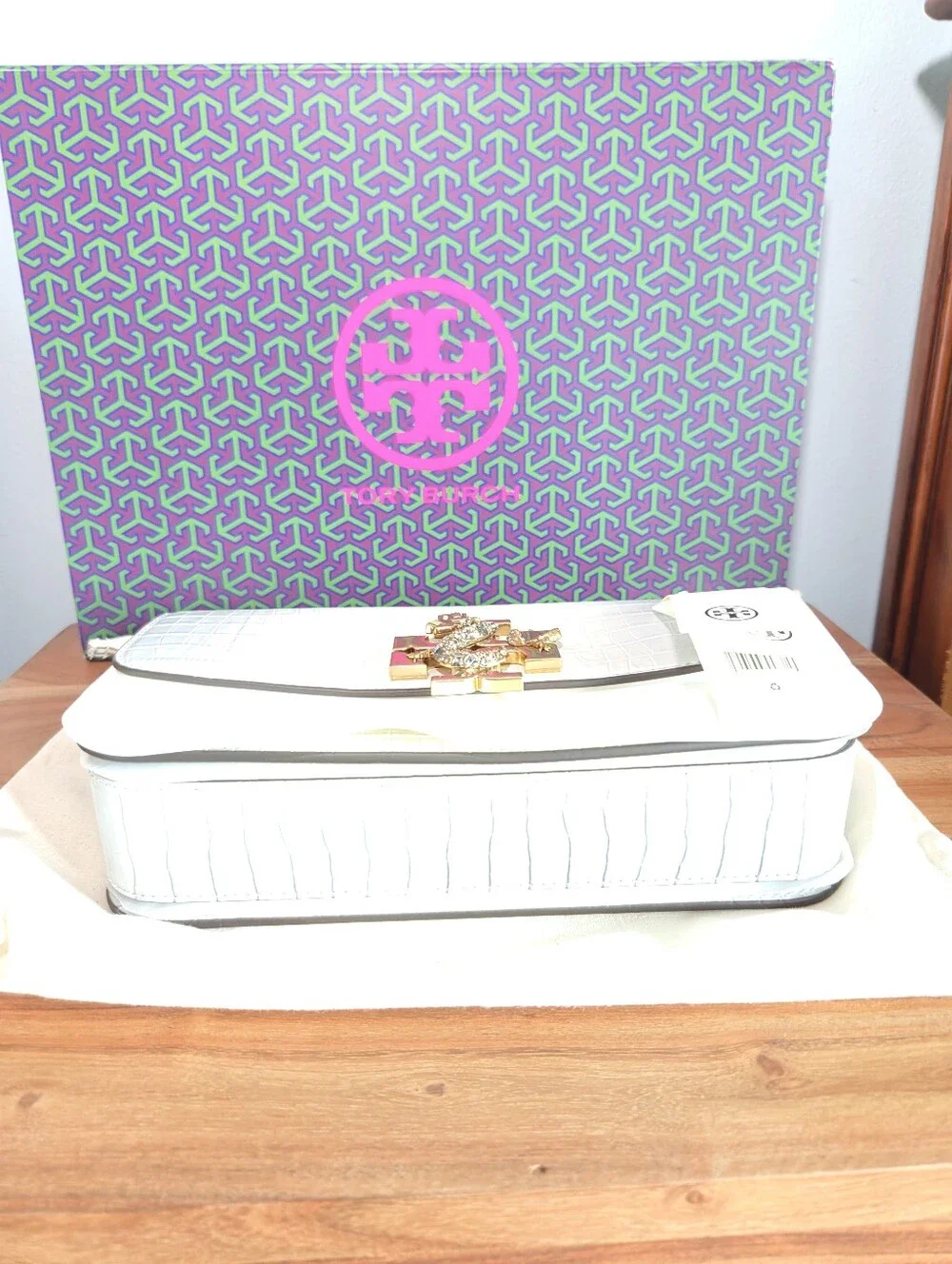NWT Tory Burch White Croc Embossed Leather Eleanor Dragon Rectangular Bag